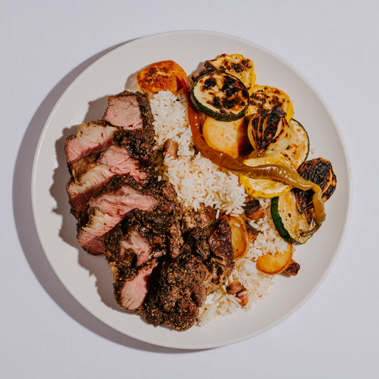 BBQ beef chuck souvla pack with garlic & potato rice, roasted vegetables