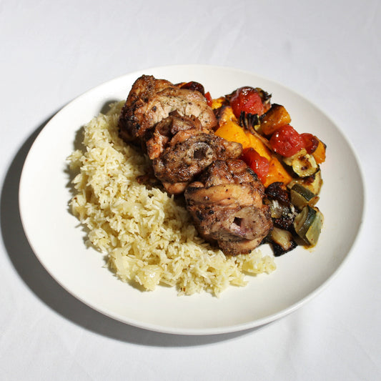 BBQ chicken souvla pack with garlic & potato rice, roasted vegetables